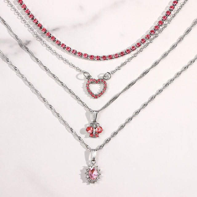 Multi-layer Pink Heart Crystal Necklaces - KappGodz Apparel