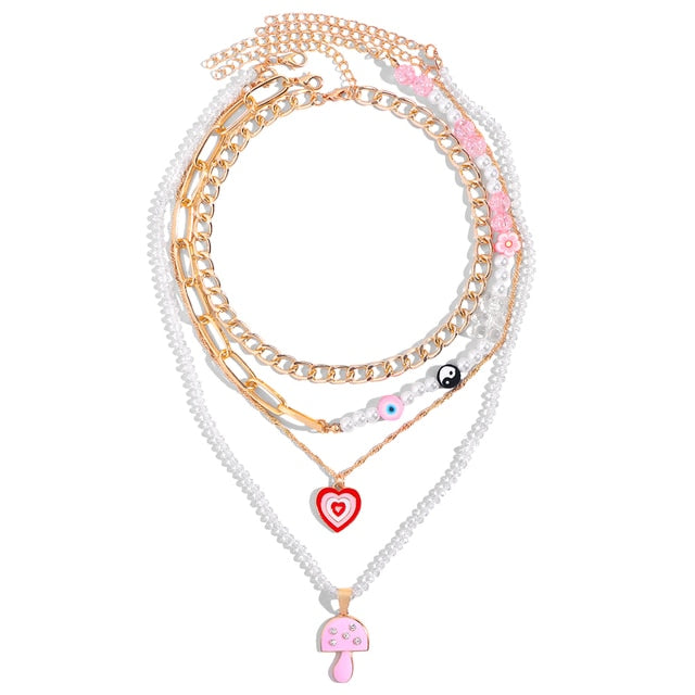 Multi-layer Pink Heart Crystal Necklaces - KappGodz Apparel